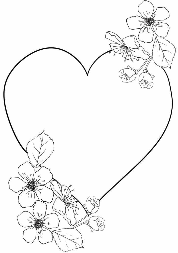 Desenho de um coração delicado decorado com flores e folhas, para imprimir, colorir e adicionar uma mensagem especial; criando um cartão único e personalizado para a mamãe.
