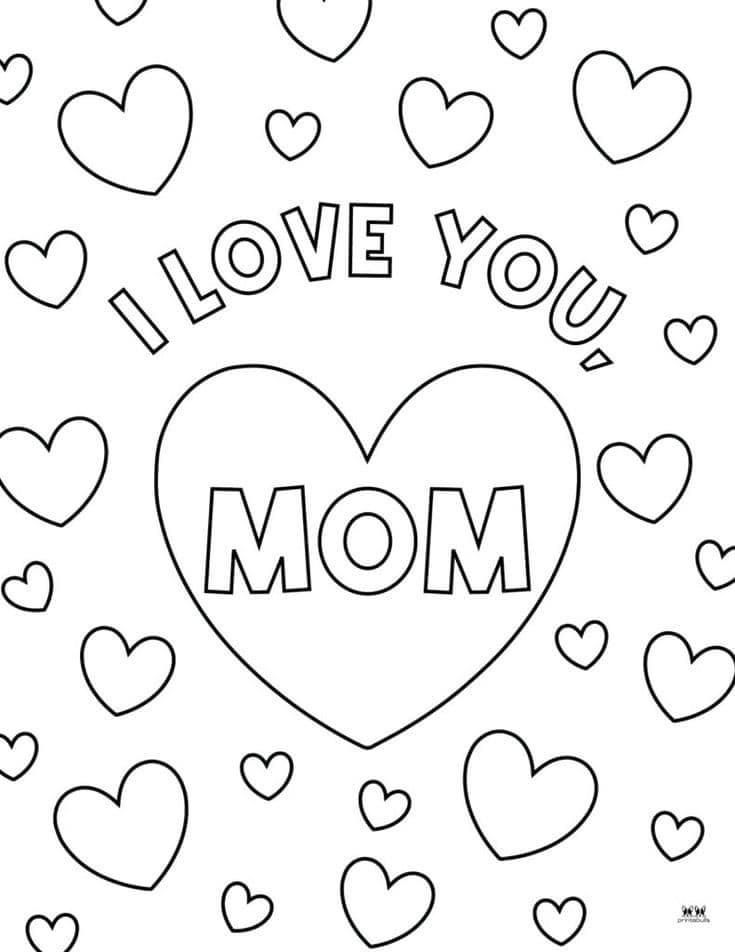 Desenho de um Cartão de Coração estilizado com a frase 'I LOVE YOU MOM' para colorir e presentear no Dia das Mães.