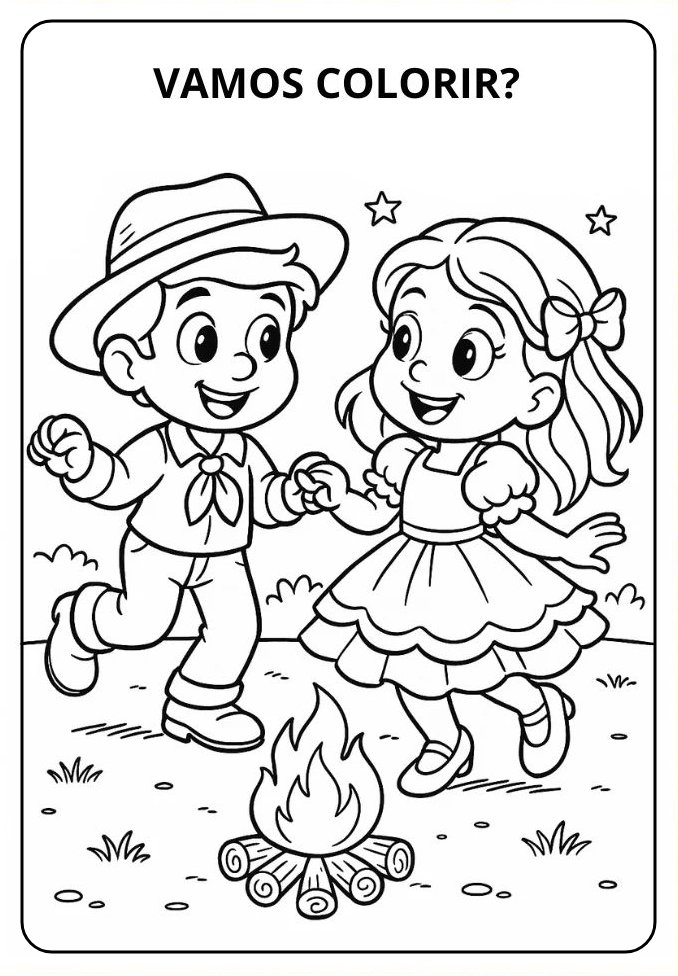 Desenho de um casal caipira dançando em uma festa junina com fogueira e estrelas para colorir.