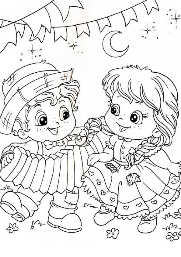 Desenho de um casal caipira em uma festa junina festo com traços infantis para atividades escolares