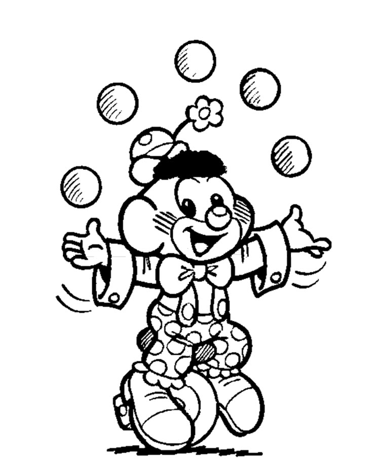 Desenho do Cascão da Turma da Mônica vestido de palhaço fazendo malabarismo para imprimir e colorir.