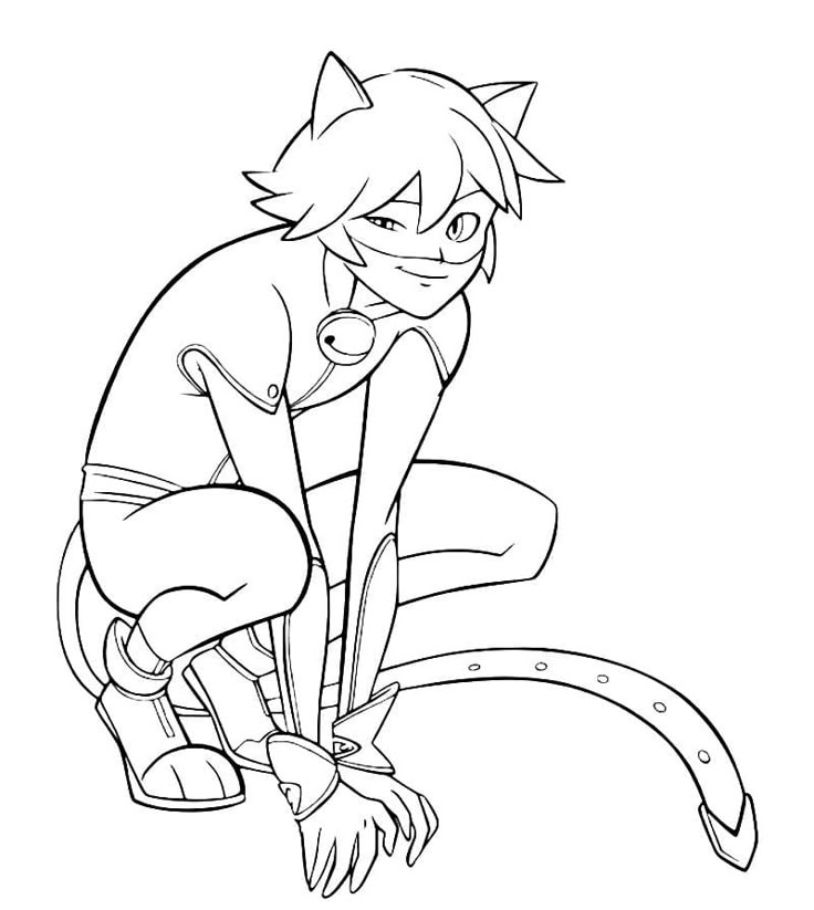 Desenho do Cat Noir de Miraculous, super-herói com fantasia de gato, para imprimir e colorir.