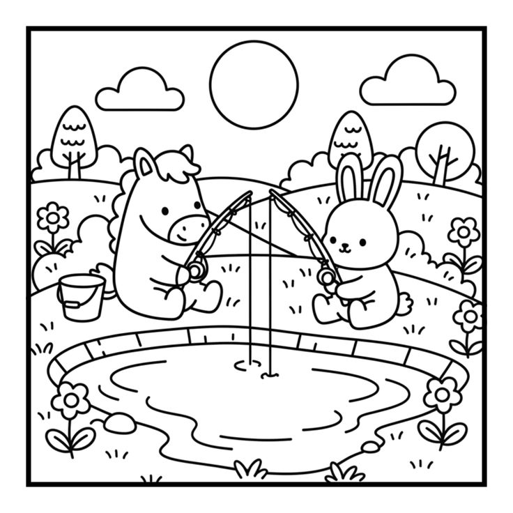 Um cavalinho e um coelhinho fofos sentados na grama pescando em um lago circular, em um dia ensolarado com nuvens e flores.