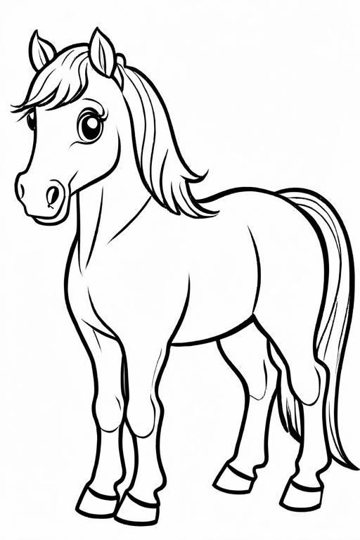 Desenho de um cavalo em estilo cartoon, com crina longa, traços arredondados e olhos grandes, pronto para colorir e imprimir.