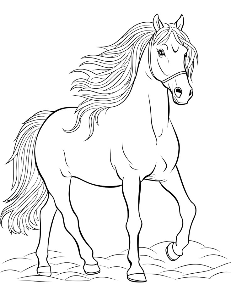 Desenho de um cavalo realista com crina longa ao vento para colorir e imprimir.
