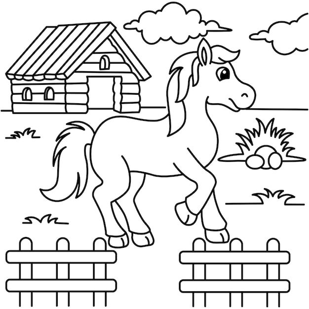 Desenho de um cavalo saltando um cercado em uma fazenda com celeiro ao fundo, para colorir e imprimir.