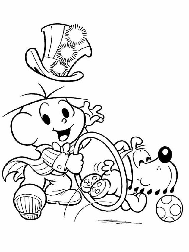 Desenho do Cebolinha e seu cachorro Floquinho vestidos para o circo, com chapéu de mágico, bambolê e bola de malabarismo para colorir e imprimir.