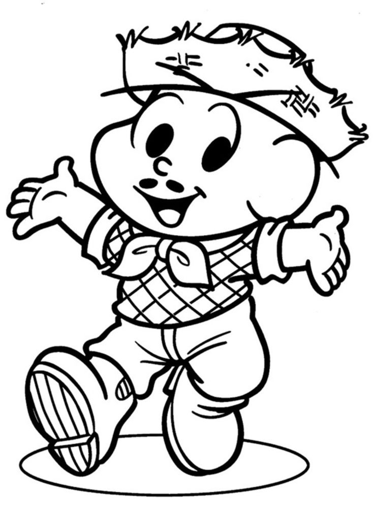 Desenho do Cebolinha caipira com chapéu de palha, camisa xadrez e calça remendada para colorir na festa junina.