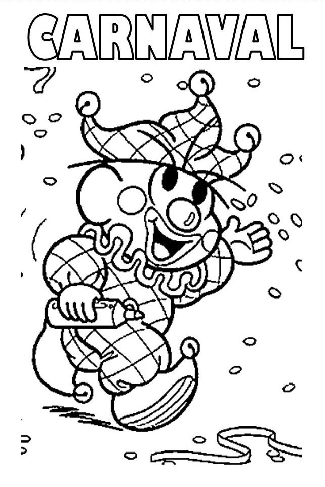 Desenho do Cebolinha vestido de Palhaço com chapéu de arlequim, roupa quadriculada e lança confetes para colorir no carnaval.