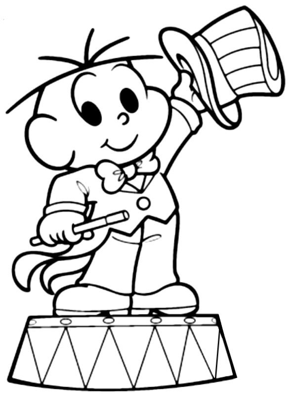 Ilustração do Cebolinha vestido de mágico de circo com varinha e chapéu para atividades infantis de colorir e aprendizado temático.