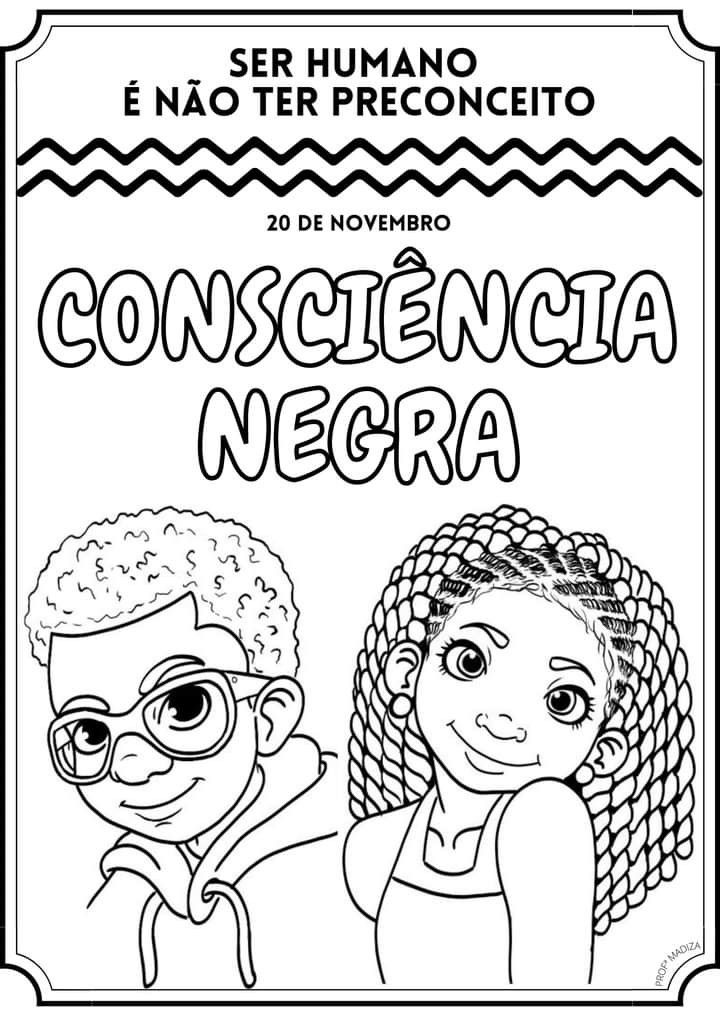 Ilustração com foco no Dia da Consciência Negra e na representatividade racial, mensagem anti-preconceito e personagens infantis negros em estilo de desenho animado.