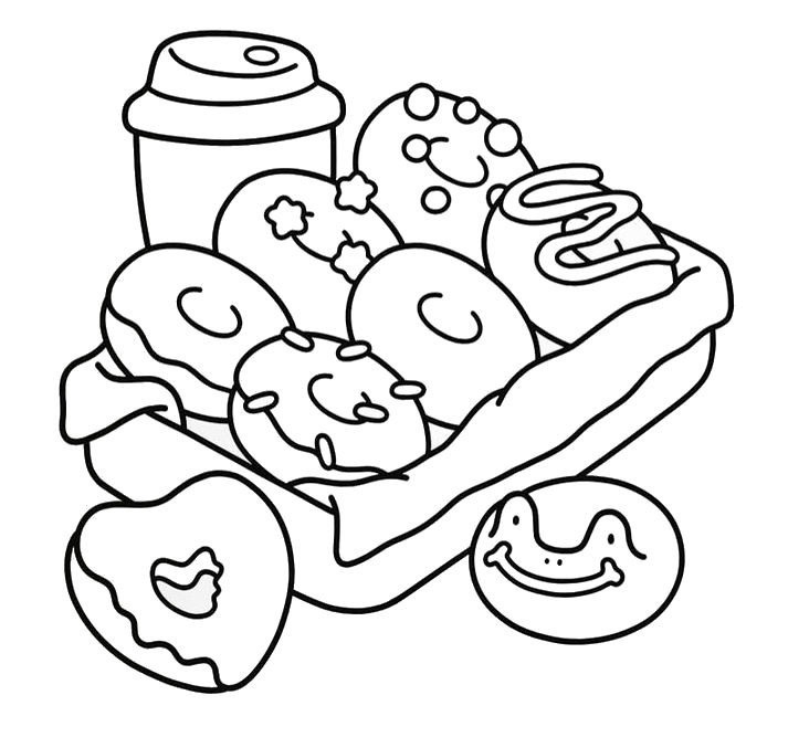 Desenho de uma cesta cheia de rosquinhas e doces kawaii com olhinhos e um copo de chocolate quente ao lado para imprimir.