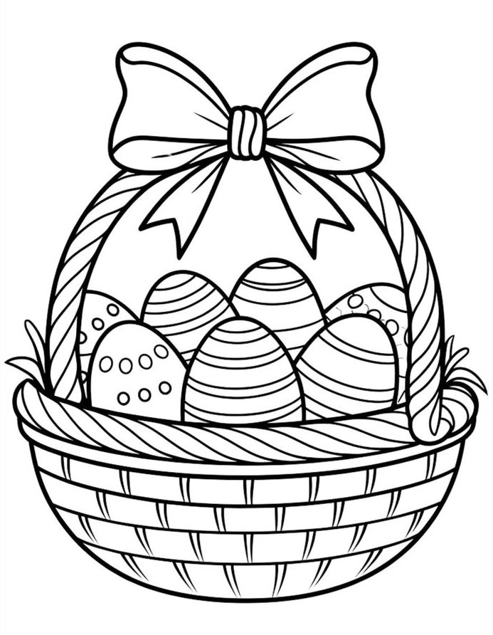 Desenho para colorir de cesta de Páscoa com laço e ovos decorados com listras e bolinhas.