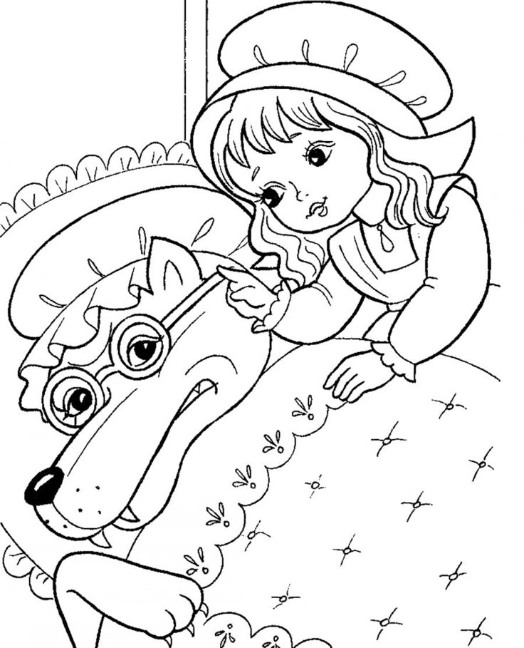 Desenho da Chapeuzinho Vermelho com o Lobo Mau para colorir e imprimir. O lobo mau está na cama vestido de vovó e a Chapeuzinho Vermelho desconfiado de algo...