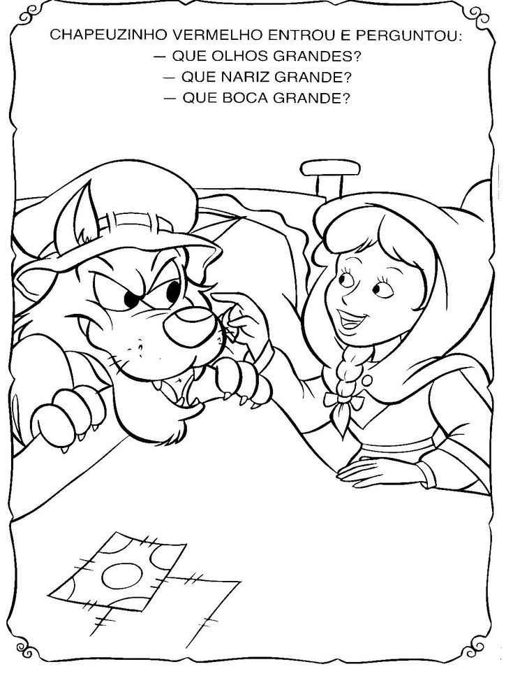 Desenho da Chapeuzinho Vermelho encontrando o Lobo Mau na cama vestido de vovó, um clássico conto de fadas para colorir e imprimir.
