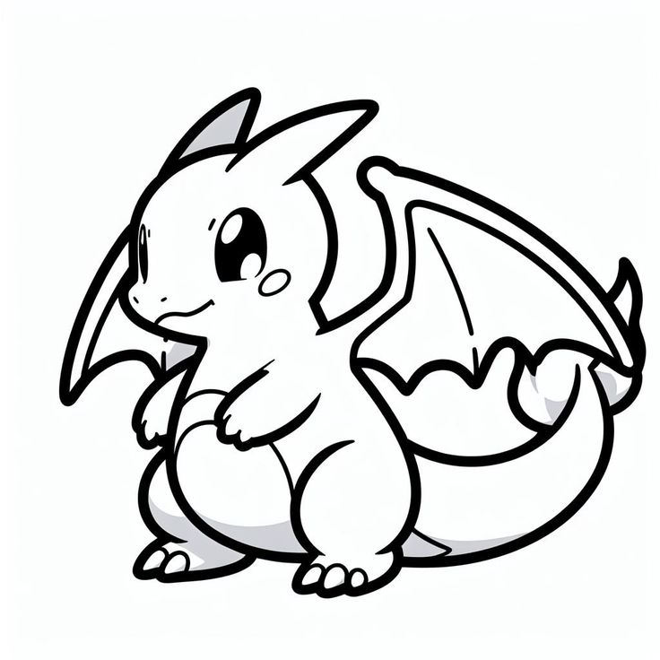 Ilustração de Charizard no estilo Kawaii com corpo arredondado, olhos grandes e expressivos, pequenas asas e cauda fina para colorir.