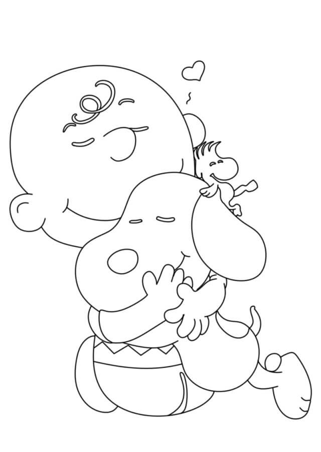 Ilustração de Charlie Brown e Snoopy se abraçando, com um passarinho na cabeça de Charlie Brown e um coração flutuando acima deles.