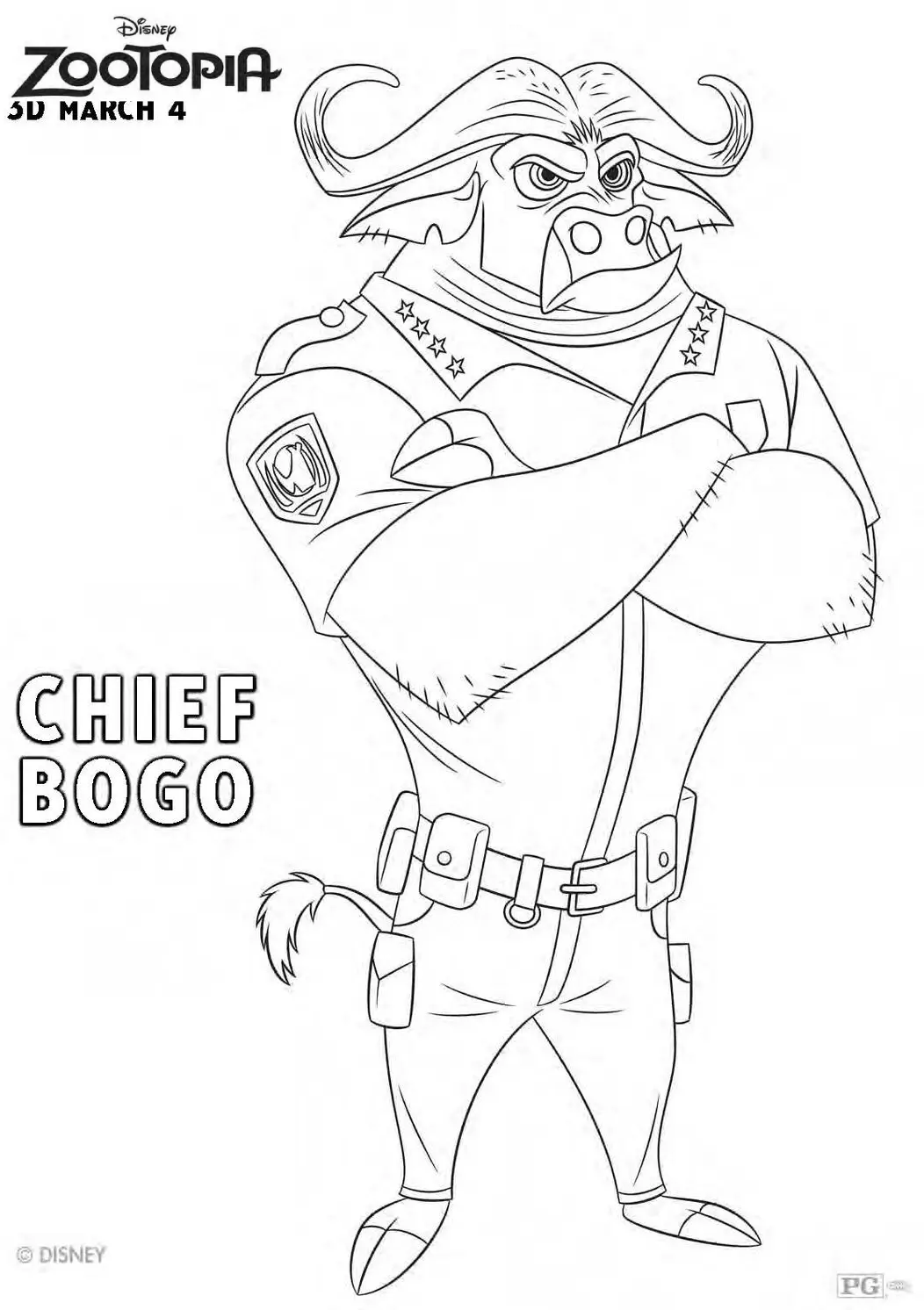 Desenho para colorir do Chefe Bogo, um búfalo antropomórfico da Disney, usando uniforme de policial com braços cruzados e expressão séria.