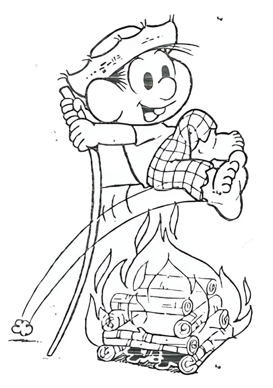 Desenho do Chico Bento pulando a fogueira de São João com chapéu de palha e camisa xadrez para colorir e imprimir.
