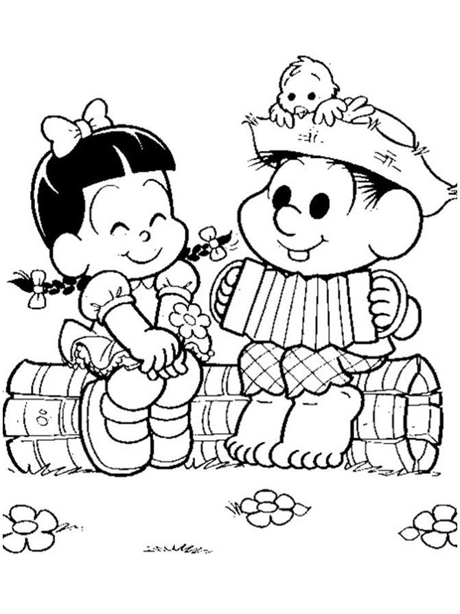 Desenho do Chico Bento e Rosinha em uma serenata junina, perfeito para colorir e celebrar a amizade e a cultura caipira.