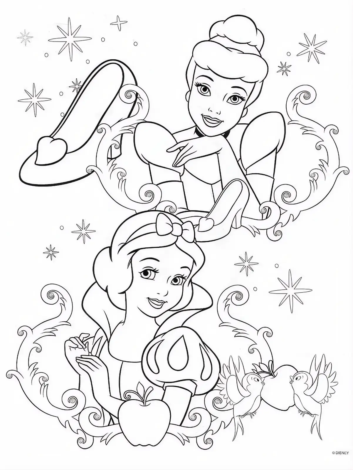 Ilustração em preto e branco da Cinderela com seu sapatinho de cristal e a Branca de Neve com uma maçã e passarinhos, decorados com arabescos e estrelas.