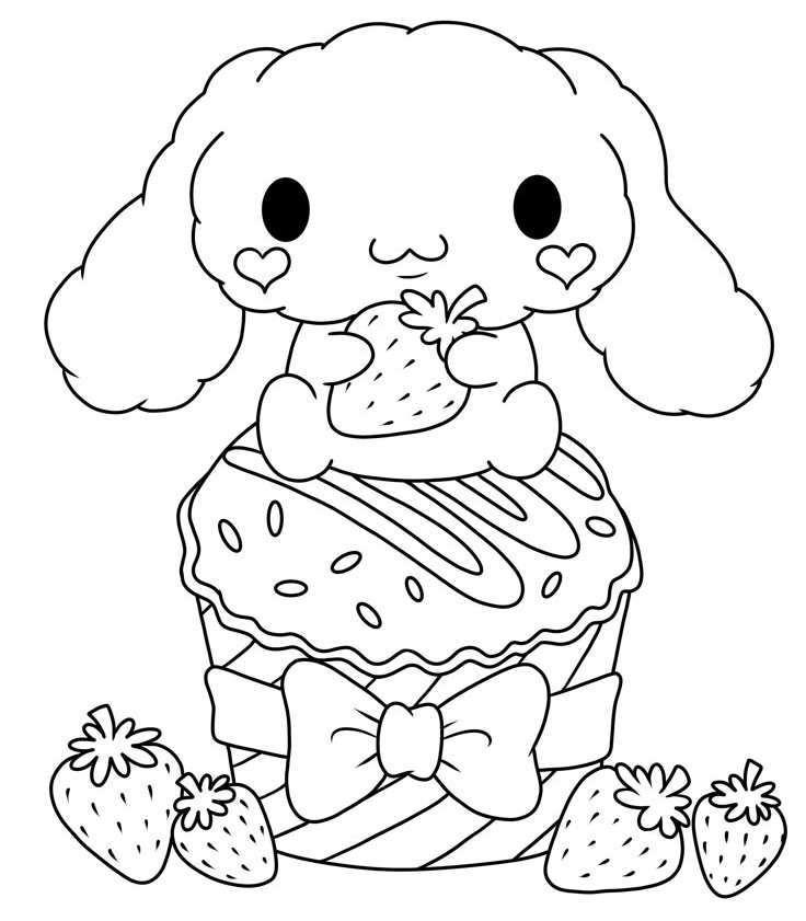 Cinnamoroll segurando um morango, sentado em um cupcake com granulado e morangos, pronto para colorir e dar vida.