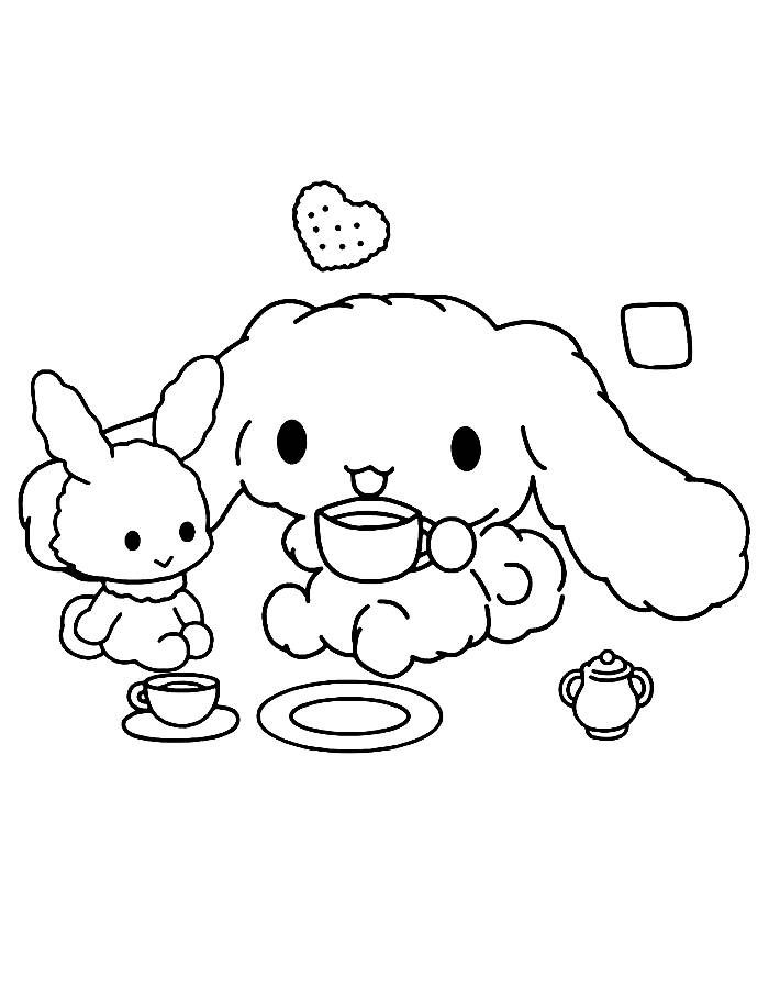 Desenho kawaii do Cinnamoroll com coelho, xícara, bule, biscoito de coração para colorir e imprimir.
