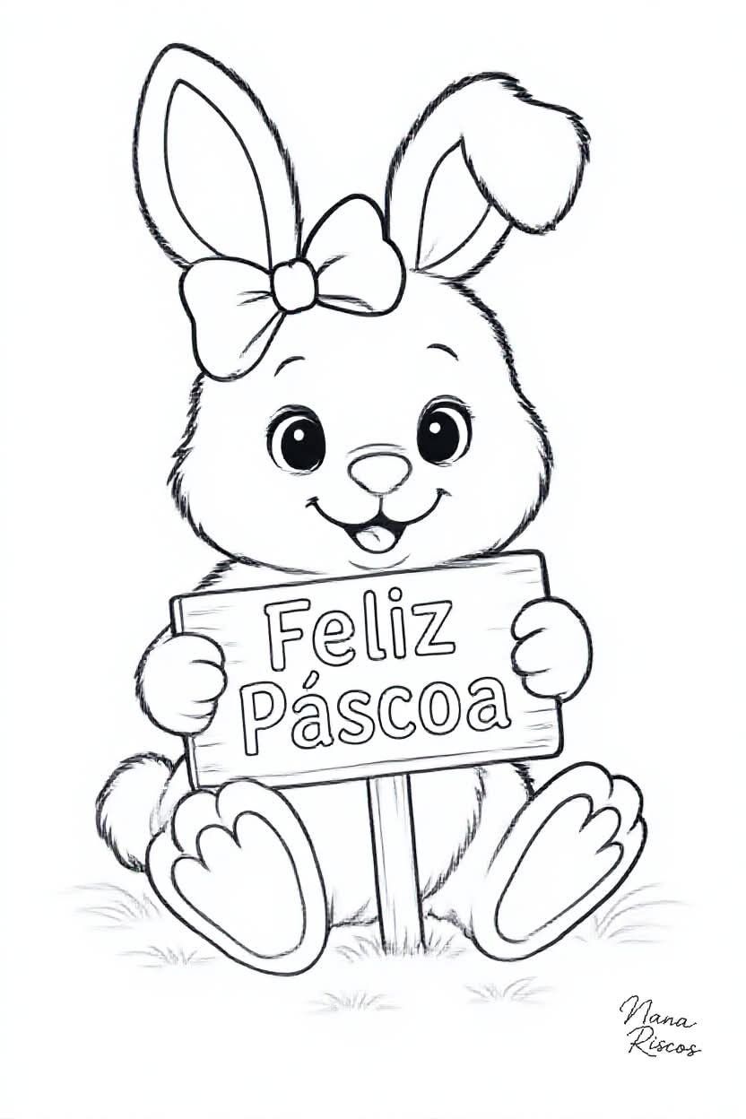 Coelhinha da Páscoa fêmea com laço na cabeça segurando uma placa escrita Feliz Páscoa para imprimir e colorir.