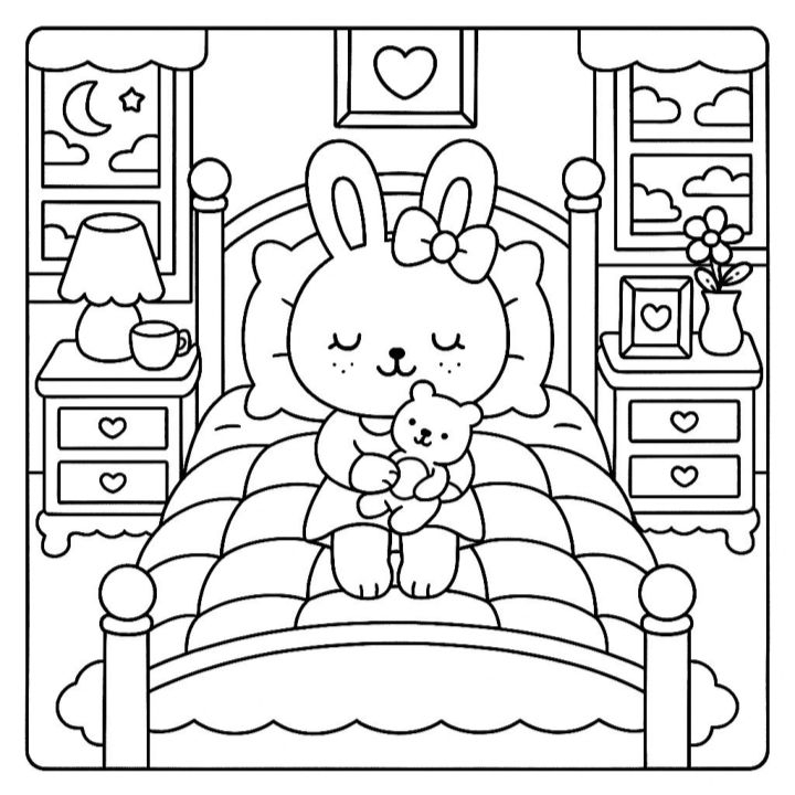 Ilustração infantil estilo kawaii de uma coelhinha com um laço na cabeça abraçada a um ursinho de pelúcia em uma cama fofinha, com janelas mostrando a noite e luminárias.