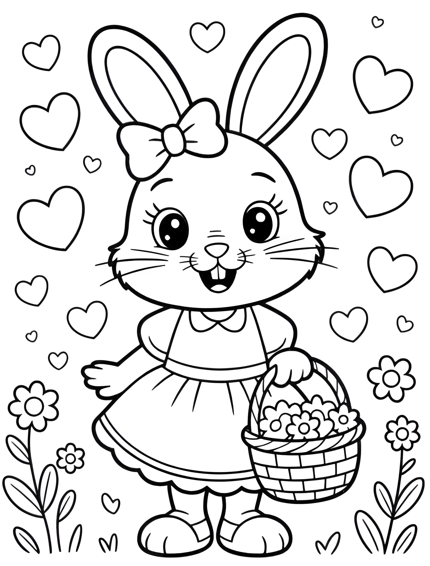 Coelhinha da Páscoa com vestido de babados, segurando cesta de flores, rodeada por corações em um jardim, pronta para colorir.