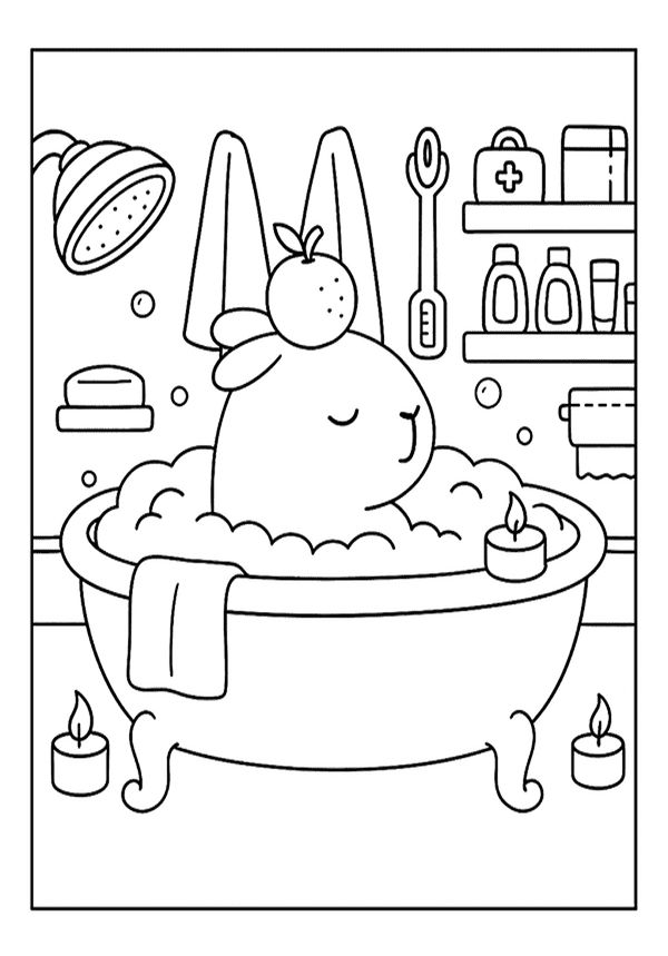Coelhinho fofo dentro de uma banheira cheia de espuma com uma maçã na cabeça, cercado por velas e produtos de higiene em um banheiro organizado.