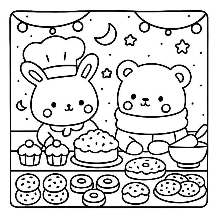 Coelhinho usando chapéu de chef e um ursinho de cachecol preparando cupcakes, bolos e donuts em uma cozinha decorada.