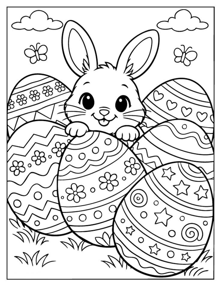 Coelhinho da Páscoa sorridente espiando por trás de ovos decorados com estrelas, corações e flores com borboletas ao redor para imprimir e colorir.