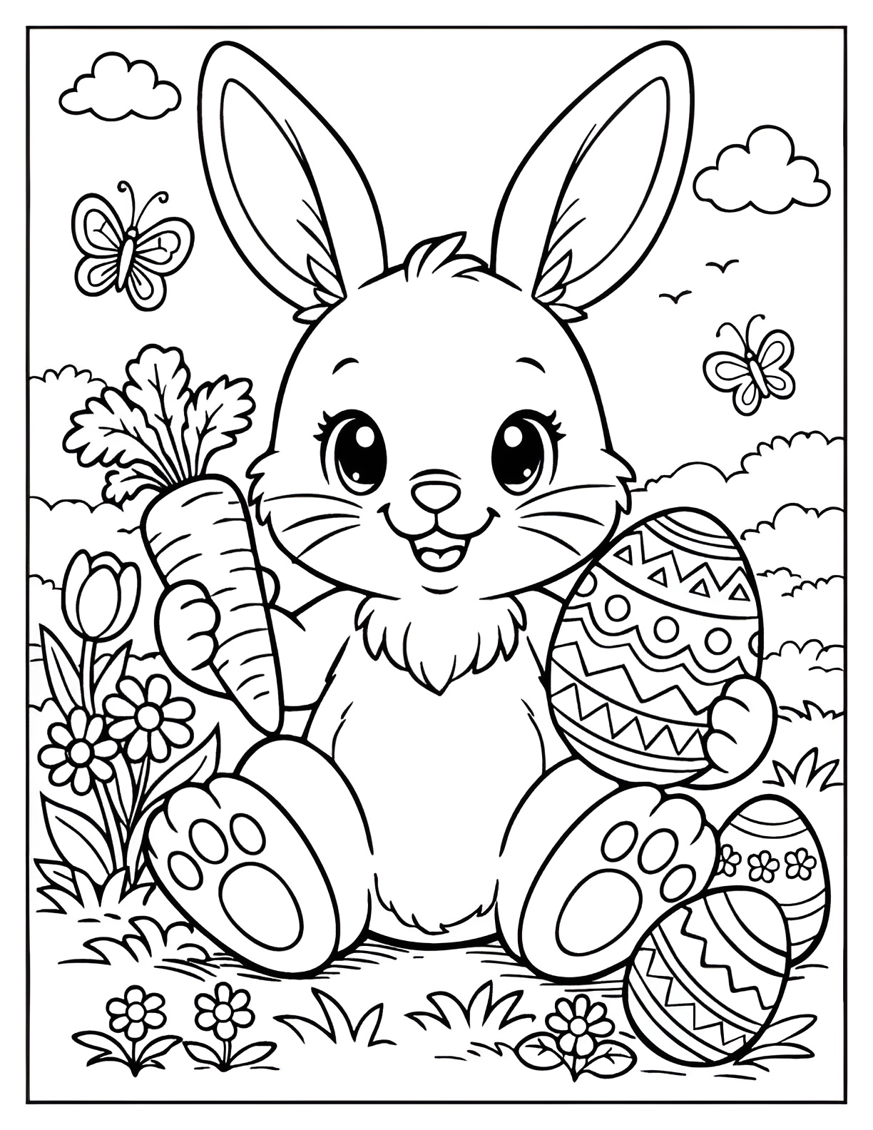 Coelhinho da Páscoa alegre sentado no jardim com cenoura, ovo geométrico, tulipas, borboletas e ovos extras para colorir.