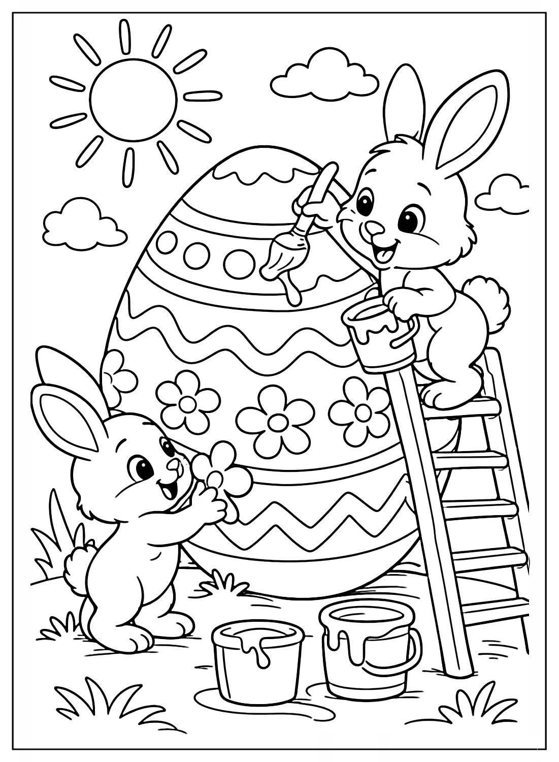 Dois coelhinhos pintando um ovo de Páscoa gigante com pincéis, escada e sol sorridente ao fundo para imprimir e colorir.