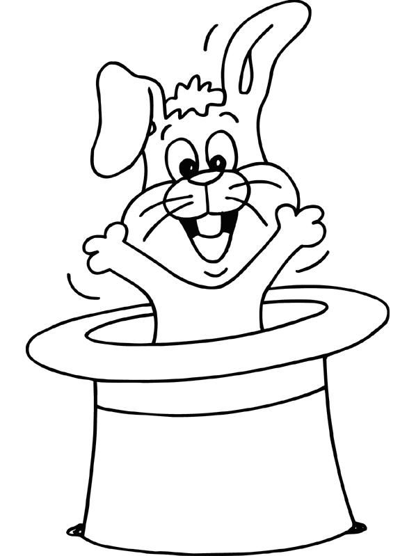 Desenho de um coelho saltando de uma cartola com um sorriso no rosto, pronto para ser colorido.