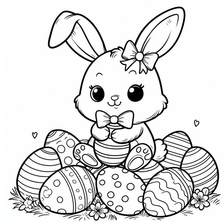 Desenho de um coelho que acabou de coletar muitos ovos para tornar a páscoa especial.