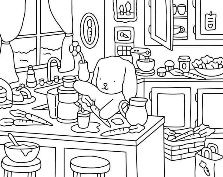 Desenho Bobbie Goods de um coelho preparando suco de cenoura em uma cozinha cheia de detalhes para colorir.