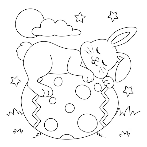 Desenho de um coelho deitado sobre um ovo de páscoa tirando um cochilo.