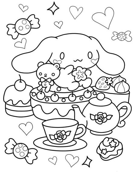 Desenho de coelho kawaii segurando flor com ursinho, bolos decorados, doces e chá para colorir em festa de aniversário.