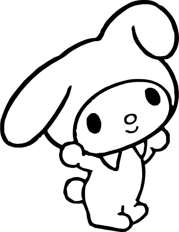 Desenho da My Melody, a coelhinha da Sanrio, com seu capuz e vestido para imprimir e colorir.