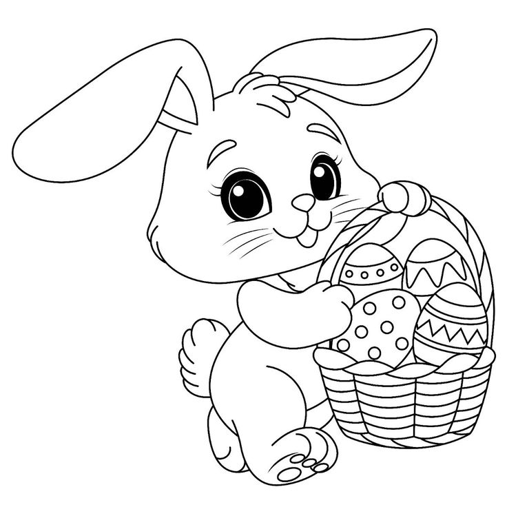 Ilustração de um coelho da Páscoa segurando uma cesta com ovos decorados para colorir.