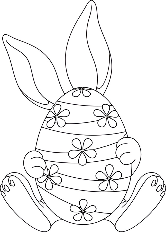 Coelho da Páscoa para colorir escondido atrás de um ovo decorado com listras e flores. Desenho infantil para imprimir.