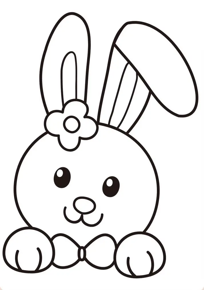 Desenho para colorir de um coelho da páscoa fofo com orelhas grandes, uma flor na cabeça e um laço no pescoço.