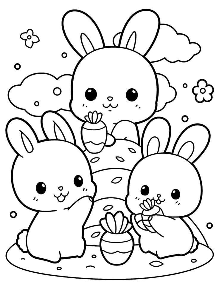 Desenho de três coelhinhos fofos comendo mini cenouras em vasos, com nuvens e flores ao fundo, pronto para colorir e imprimir.