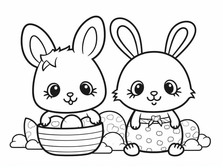 Desenho de 2 coelhinhos coletando ovos de páscoa em uma cesta para colorir.