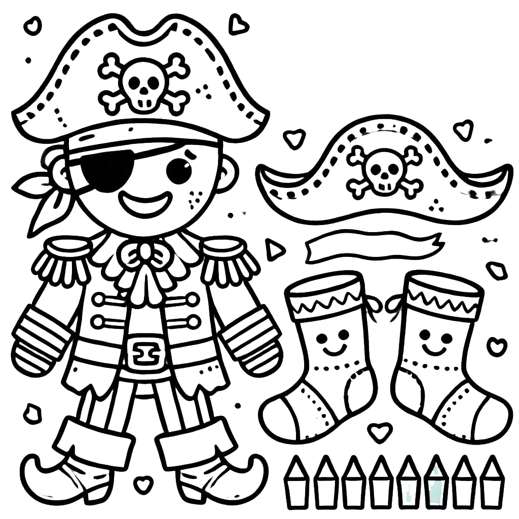 Desenho para imprimir e colorir de uma fantasia de pirata para o Carnaval feita com traços infantis.