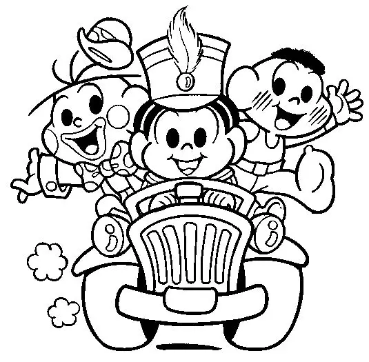 Desenho da Turma da Mônica (Cascão, Mônica e Cebolinha) em um carro de circo para colorir e imprimir.