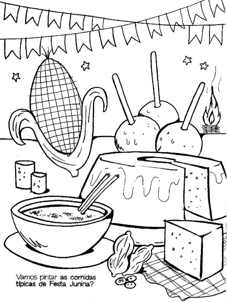 Desenho de comidas típicas da Festa Junina, ou Festa de São João: milho, cuscuz, bolo de milho e amendoim