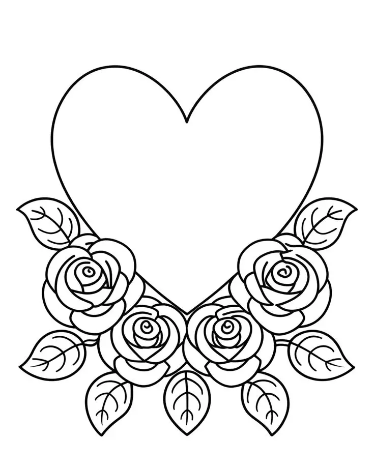 Ilustração em preto e branco de um grande coração central cercado por belas rosas e folhas, pronto para ser personalizado.